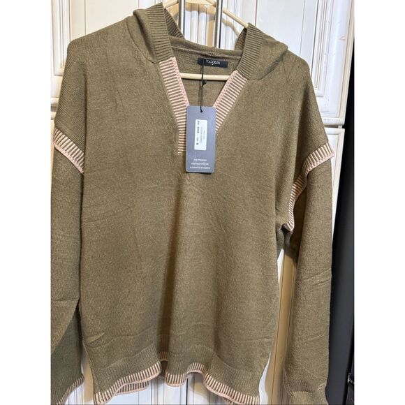 Valolia Women's V-Neck Hooded Knit Pullover Sweater Olive Green Size Medium NWT - Picture 12 of 12